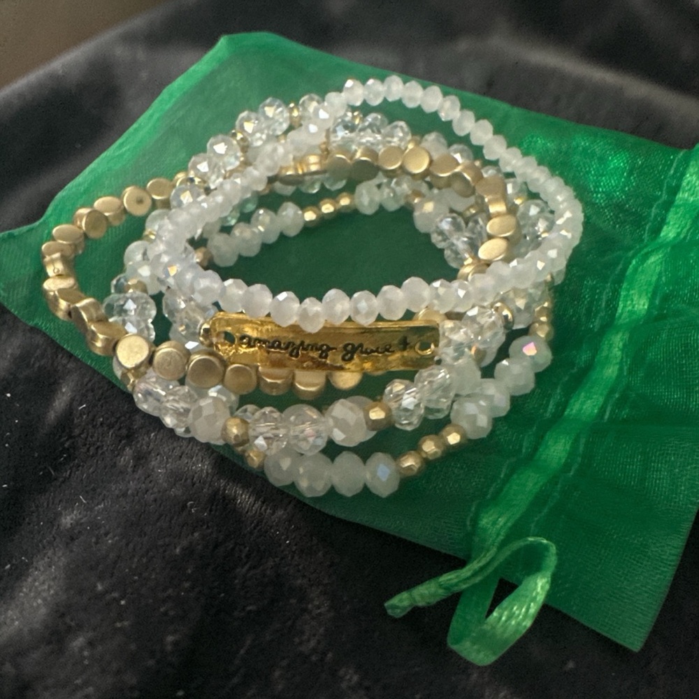 Gold And White Beaded Stackable Bracelet Set. Ama… - image 1